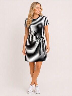 DKNY Stripe Tie Waist Dress Black White Short Sleeve Women’s Size Large